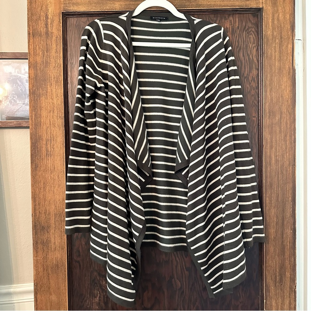 Green and Cream Striped Open Front Cardigan - Sz S/M